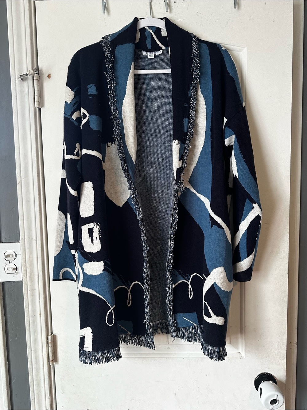 Chico's Artistic Abstract Fringe Trim Cardigan Sweater - Size 2 (Large)